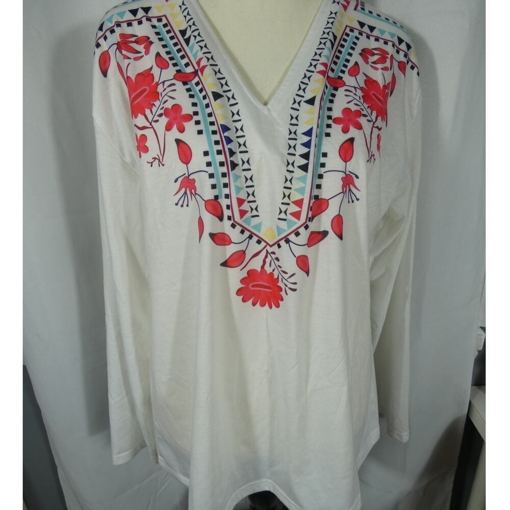 MissLook Women's XL Embroidered Blouse V-Neck Long Sleeves Lightweight Boho